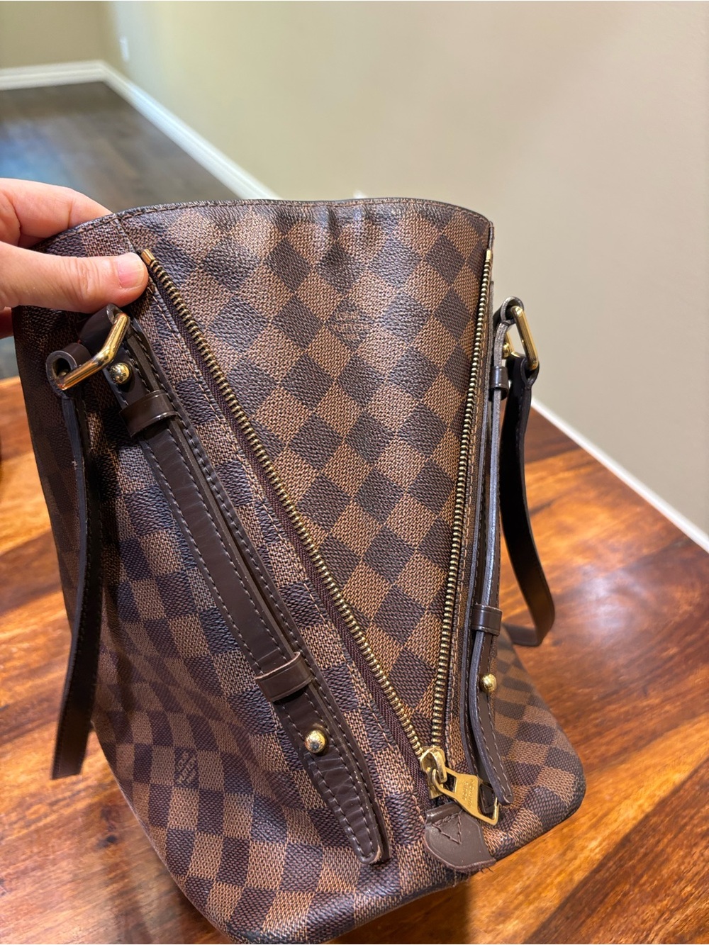 Louis Vuitton Brown Check Tote with Red Interior - Picture 7 of 15